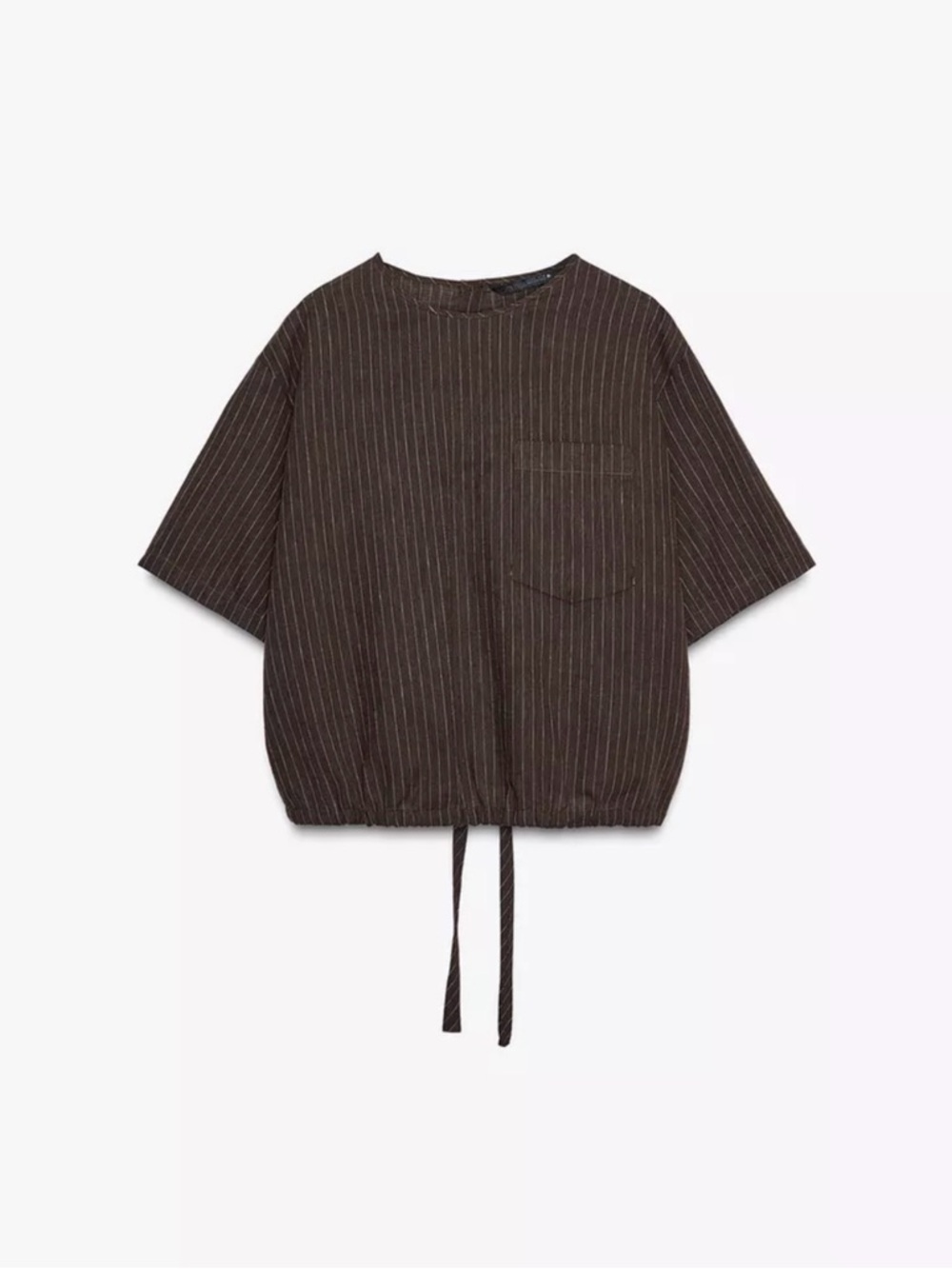 Zara Brown Pinstripe Short Sleeve Drawstring Top